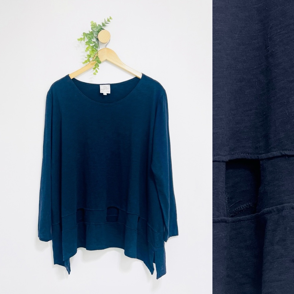 Spirit House Navy Jersey Knit Cutout Long Sleeve Lagenlook Minimalist Top